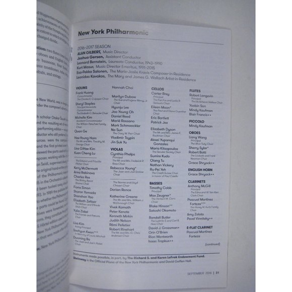 New York Philharmonic Stagebill September 2016 Gilbert Dvorak Lincoln Center - Picture 5 of 7